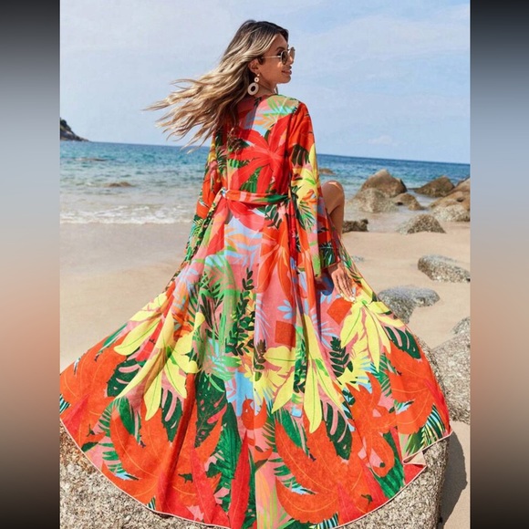 Swim Vcay Tropical Print Belted Kimono - Picture 1 of 5
